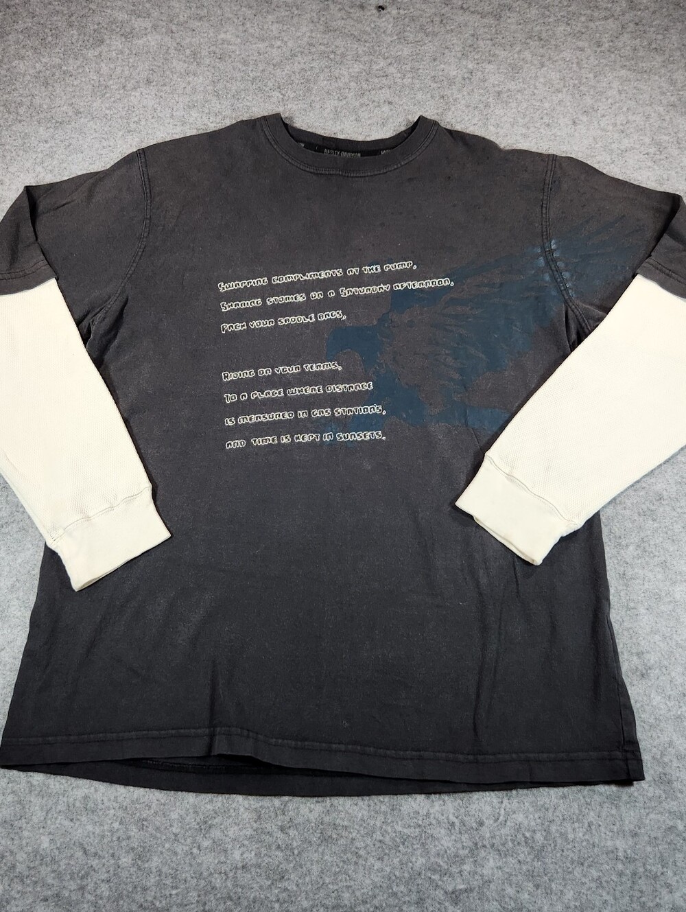 Harley-Davidson Black Long Sleeve Tee with Cream Sleeves and Blue Graphic Y2k
